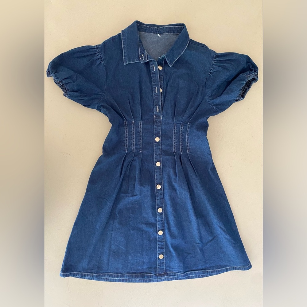 Denim Puff Sleeve Button Front Mini Dress Size Small